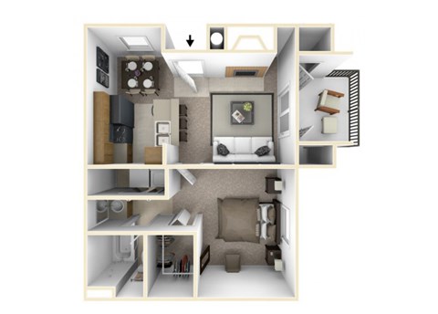 Floor plan for 1 bed, 1 bath, 735 sqft