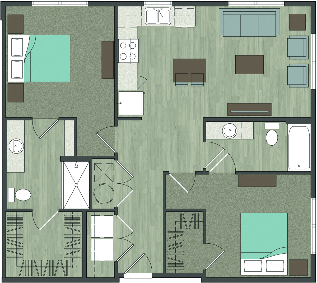 Floor plan for 2 beds, 2 baths, 1002 sqft