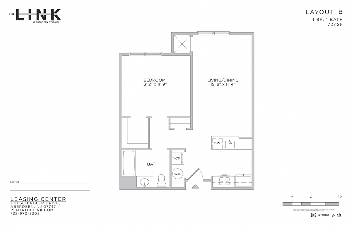 Floor plan for 1 bed, 1 bath, 727 sqft
