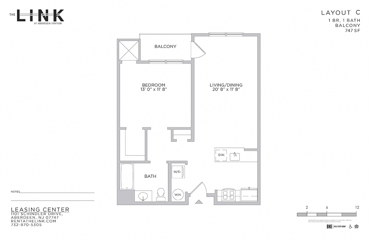 Floor plan for 1 bed, 1 bath, 747 sqft