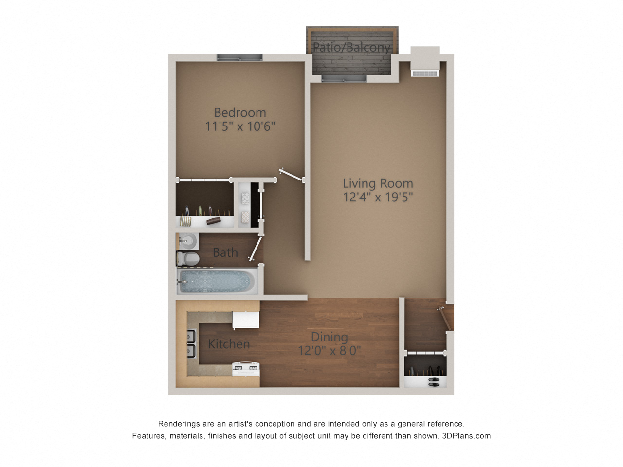 Floor plan for 1 bed, 1 bath, 700 sqft