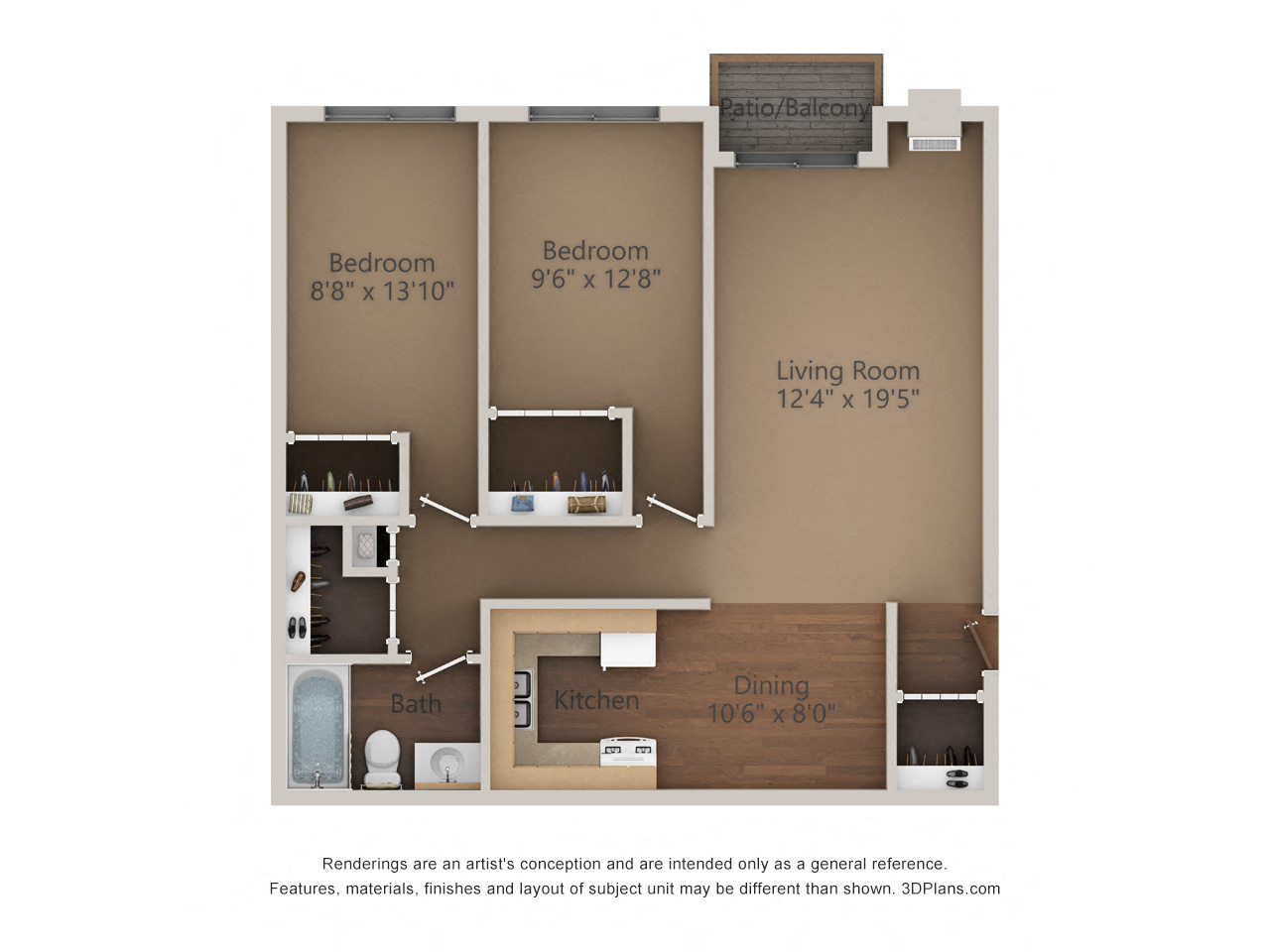 Floor plan for 2 beds, 1 bath, 900 sqft