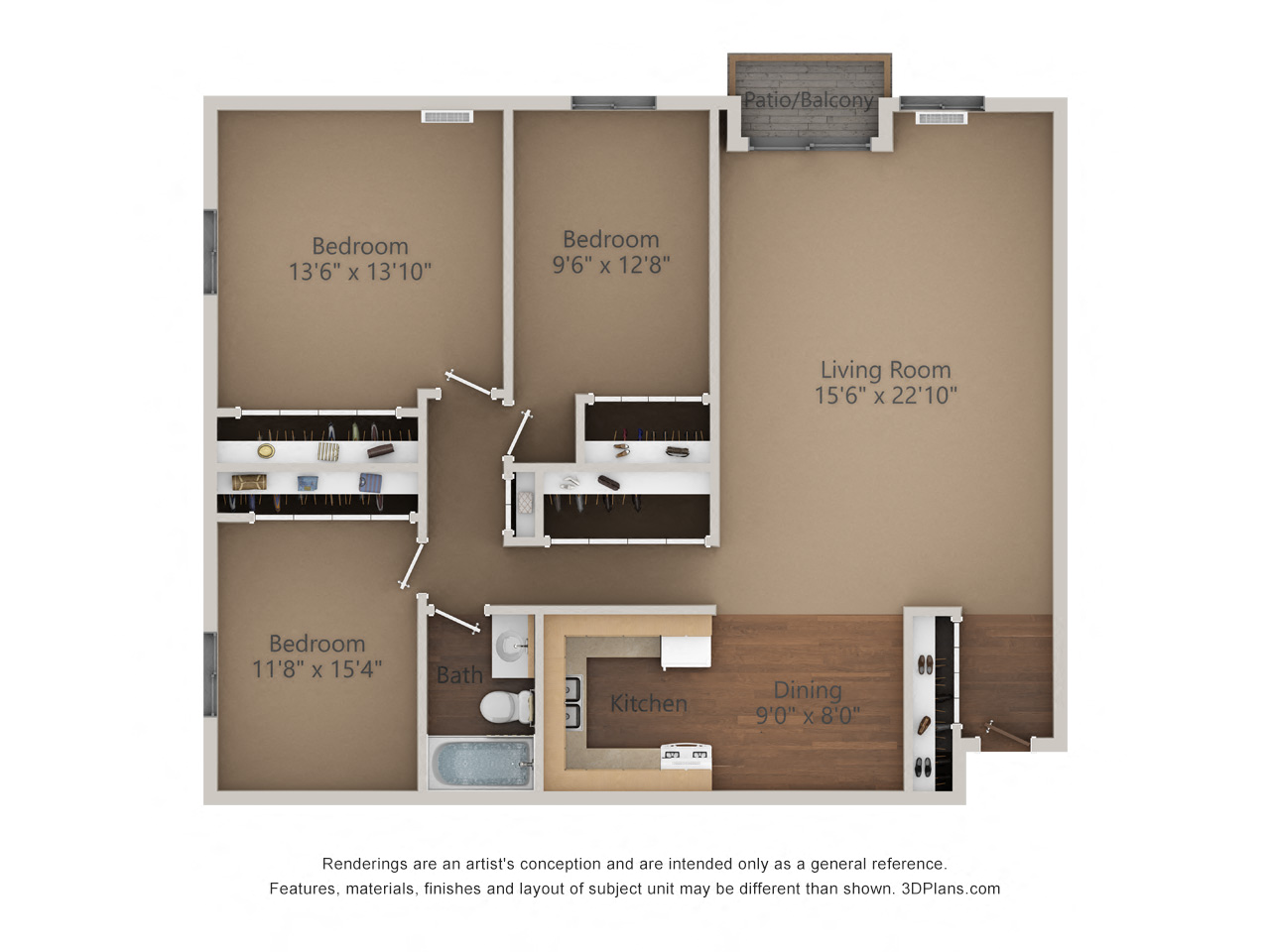 Floor plan for 3 beds, 1 bath, 1200 sqft