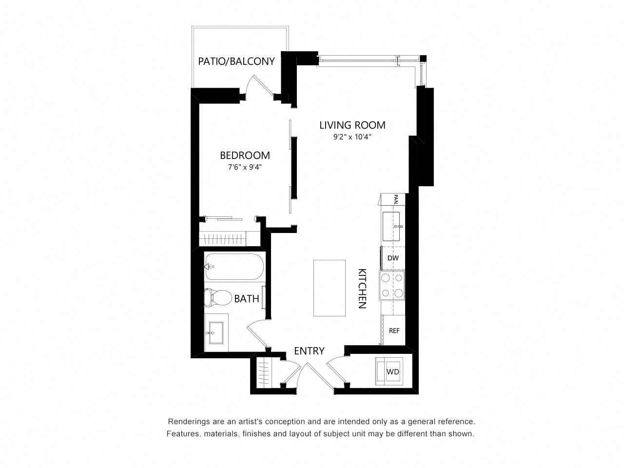Floor plan for 1 bed, 1 bath, 445 sqft