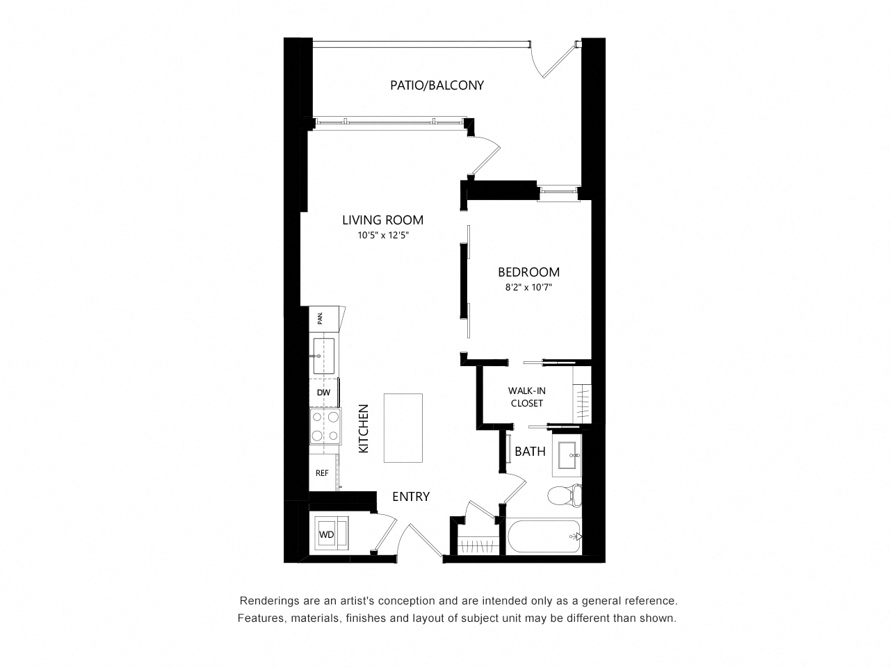Floor plan for 1 bed, 1 bath, 530 sqft