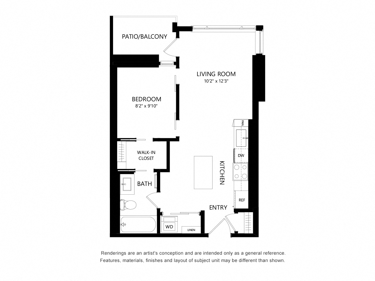 Floor plan for 1 bed, 1 bath, 530 sqft