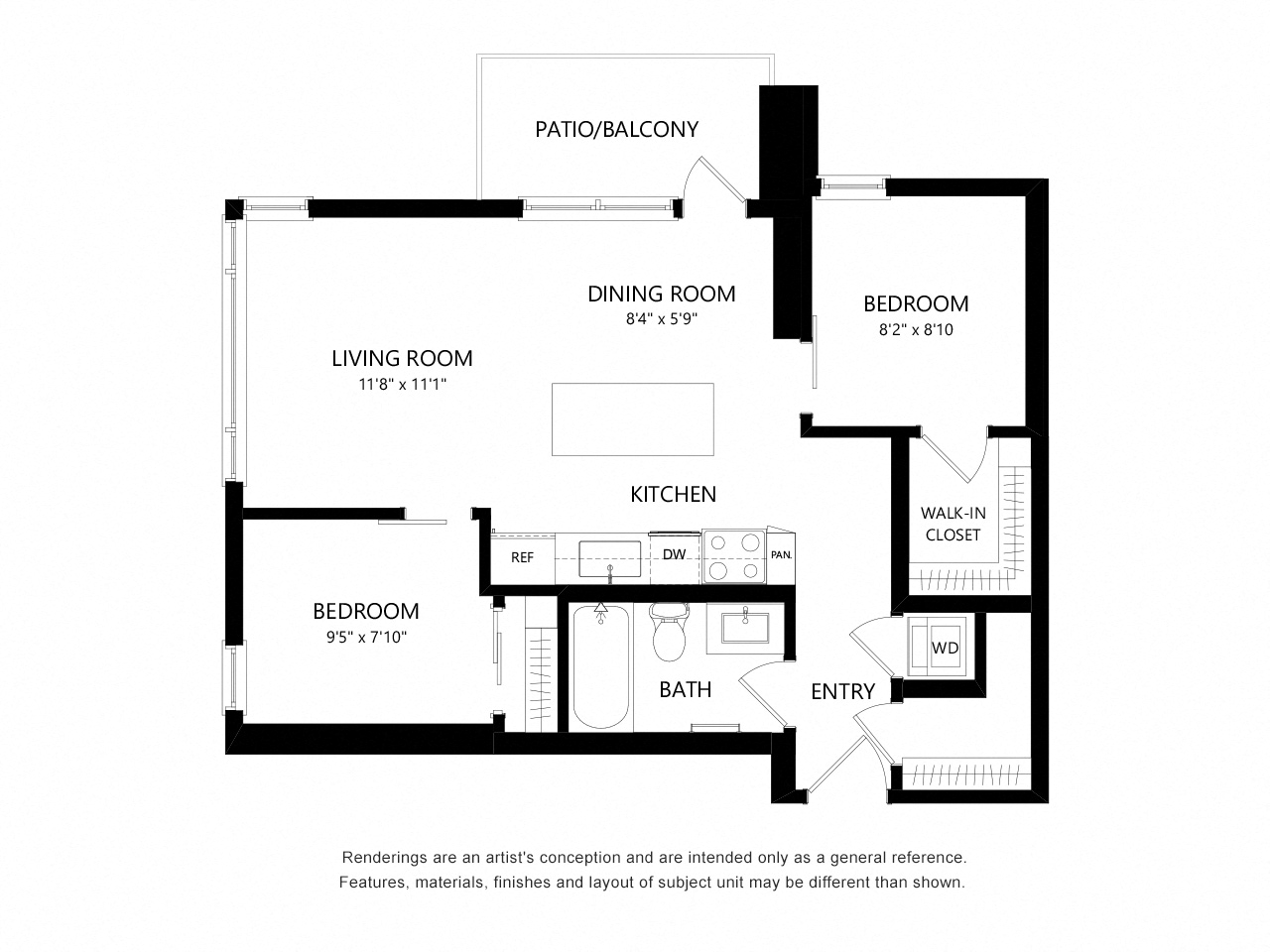 Floor plan for 2 beds, 1 bath, 650 sqft