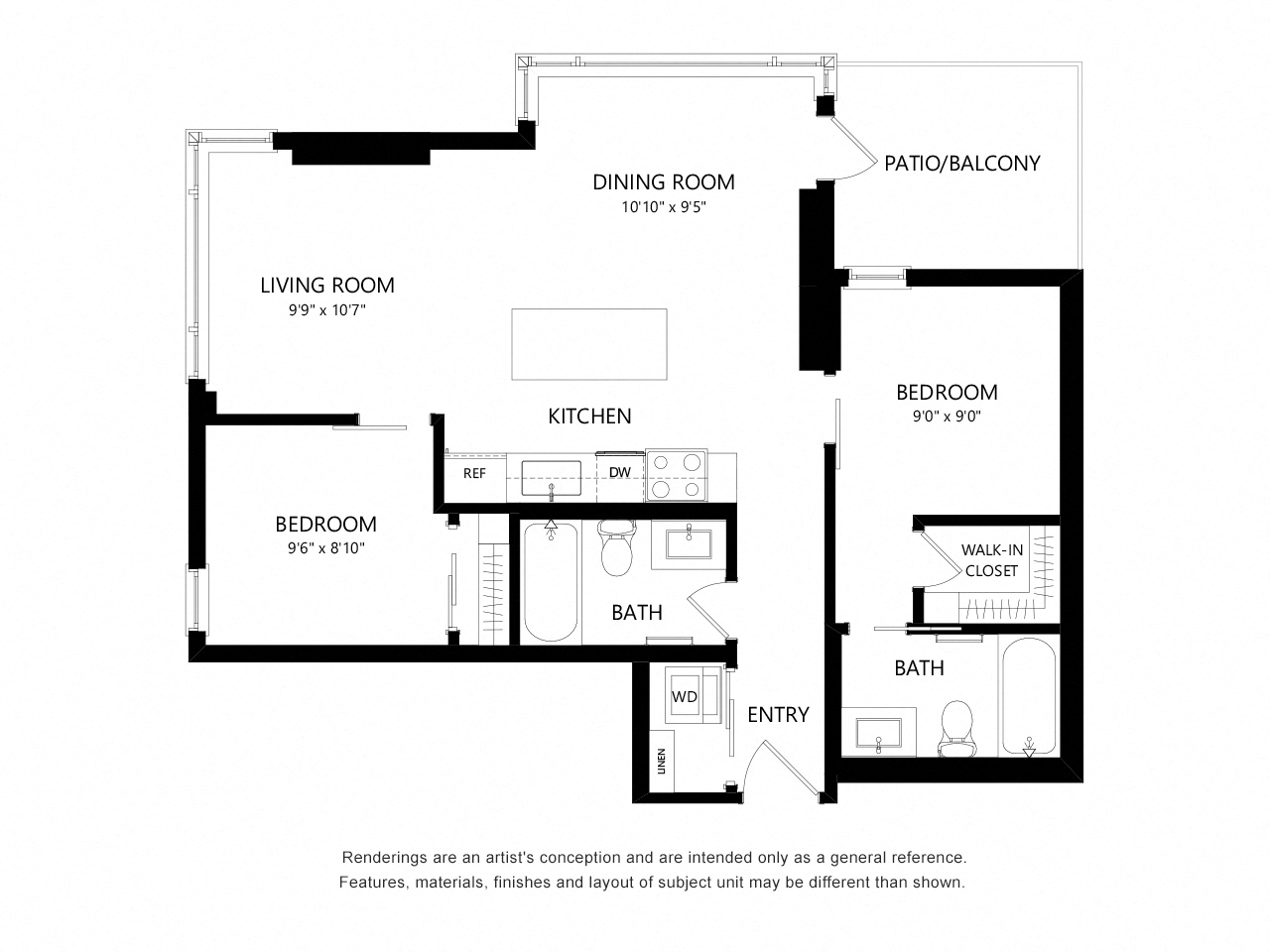Floor plan for 2 beds, 2 baths, 775 sqft