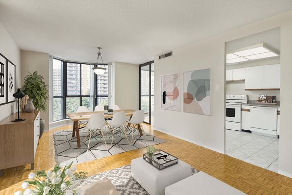 Brampton apartment for rent - a living room and dining room with a table and chairs