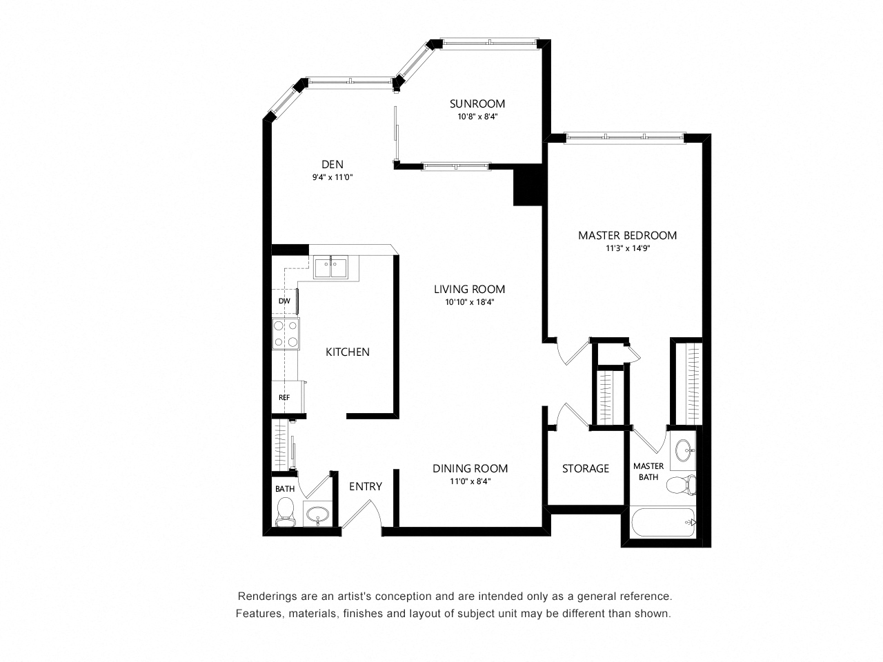 Floor plan for 1 bed, 1.5 baths, 939 sqft