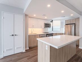 Brampton apartment for rent - a kitchen with a large island and a stainless steel refrigerator