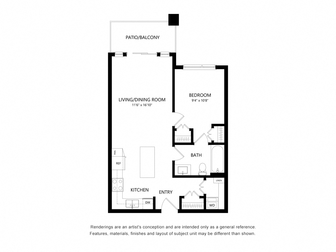 Floor plan for 1 bed, 1 bath, 600 sqft