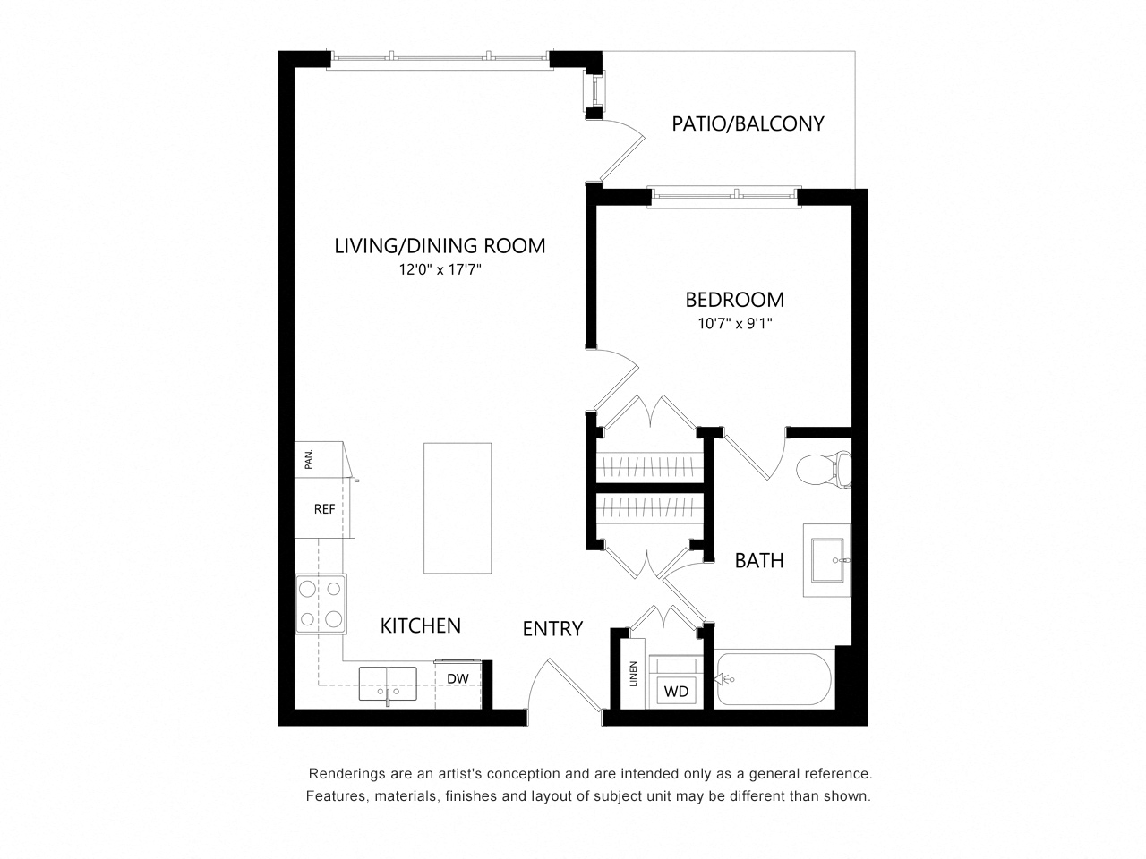 Floor plan for 1 bed, 1 bath, 600 sqft