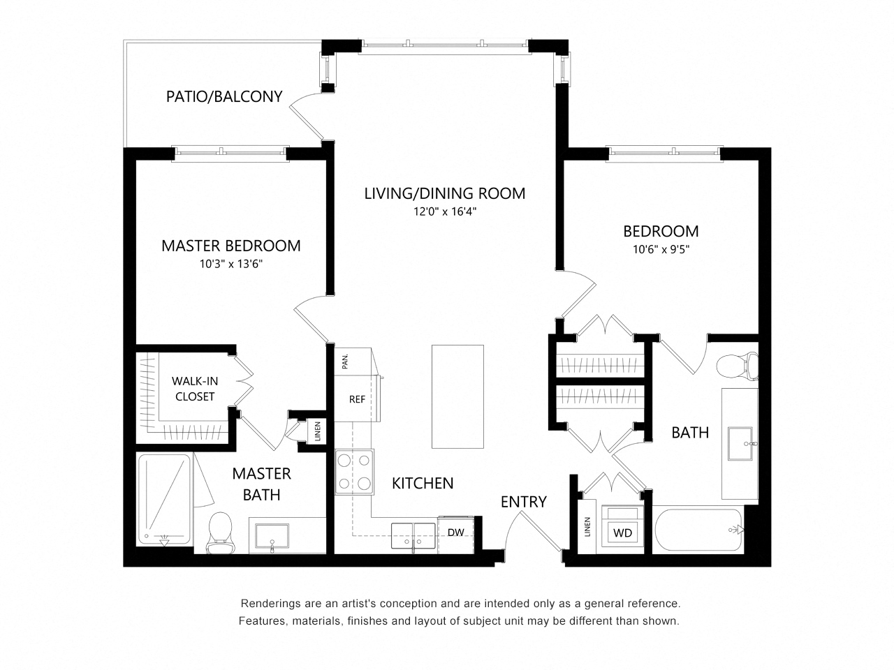 Floor plan for 2 beds, 2 baths, 828 sqft