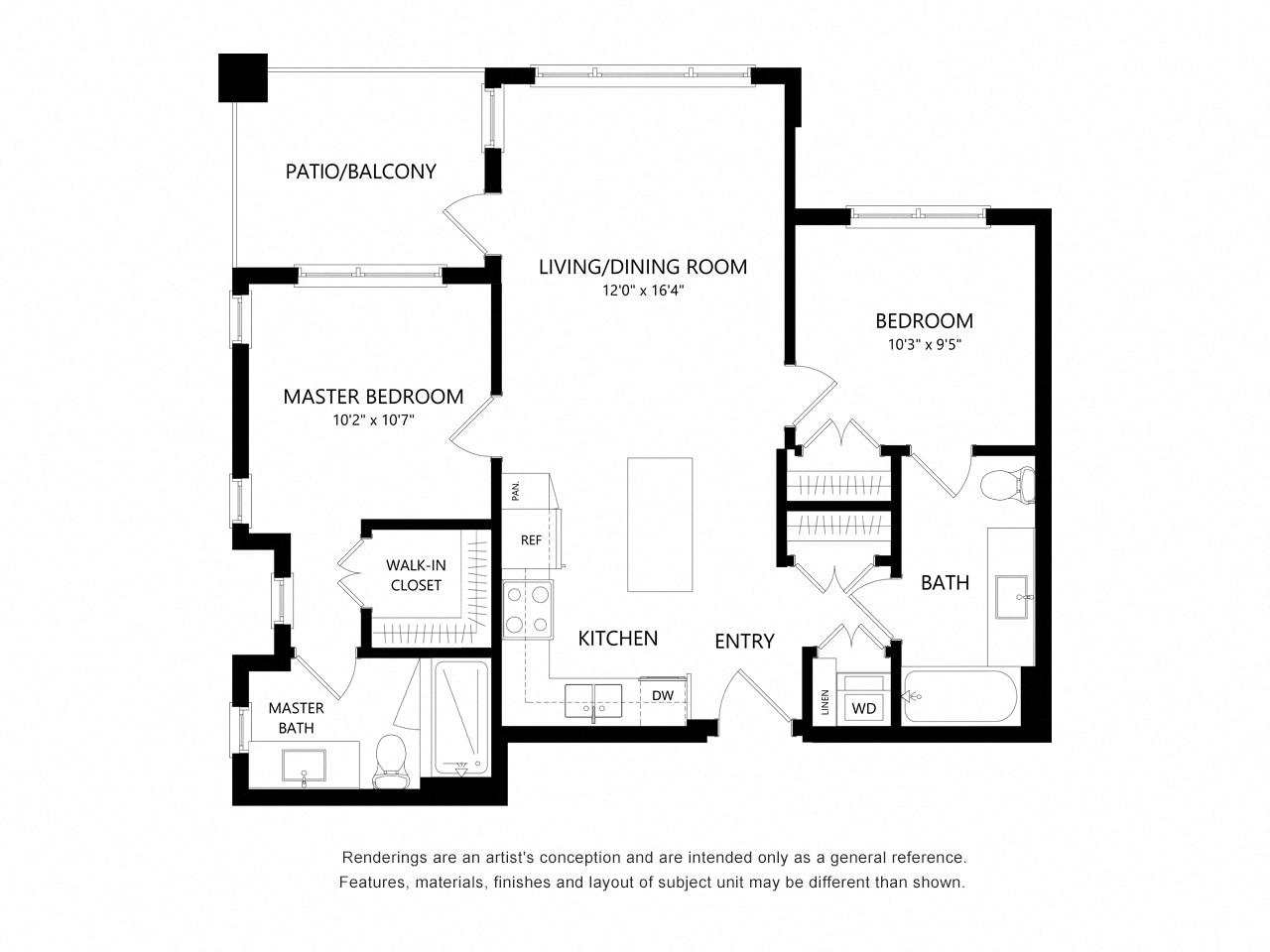 Floor plan for 2 beds, 2 baths, 822 sqft