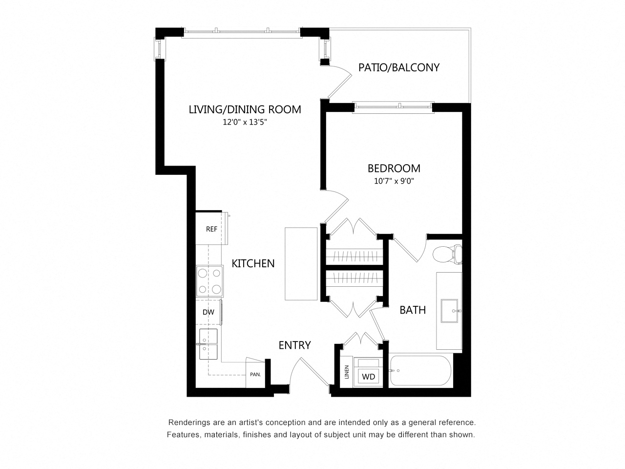 Floor plan for 1 bed, 1 bath, 563 sqft
