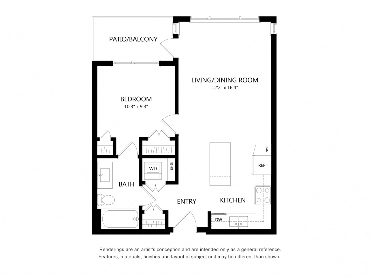 Floor plan for 1 bed, 1 bath, 596 sqft