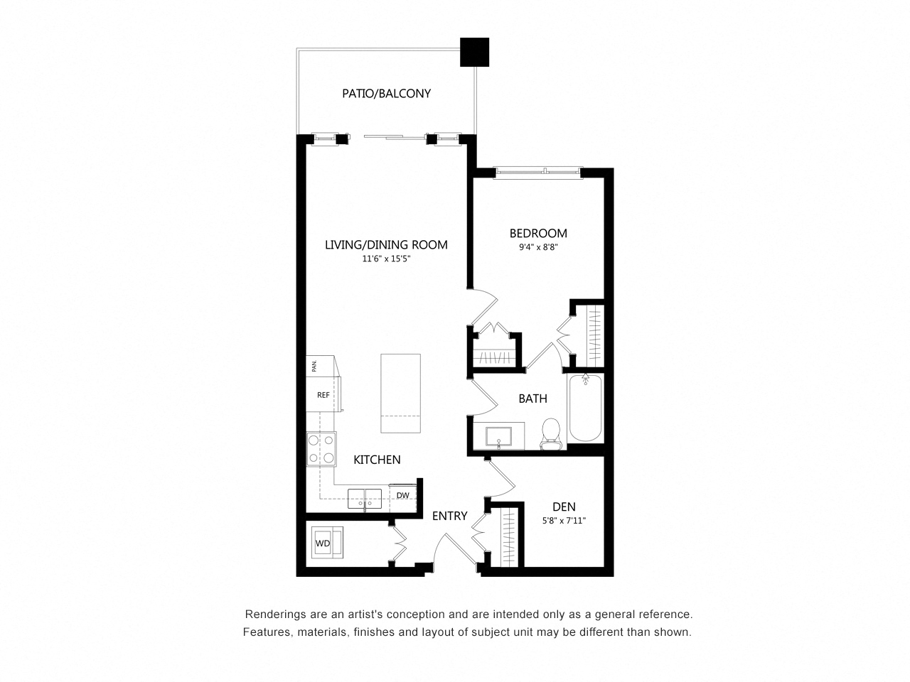 Floor plan for 1 bed, 1 bath, 655 sqft