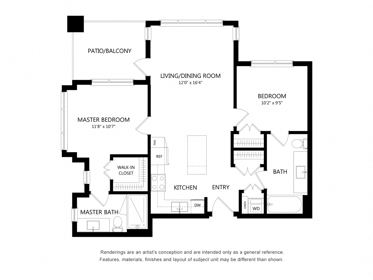 Floor plan for 2 beds, 2 baths, 838 sqft