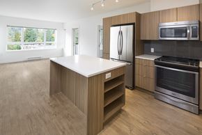 North Vancouver apartment for rent - a kitchen with a white counter top and a stainless steel refrigerator
