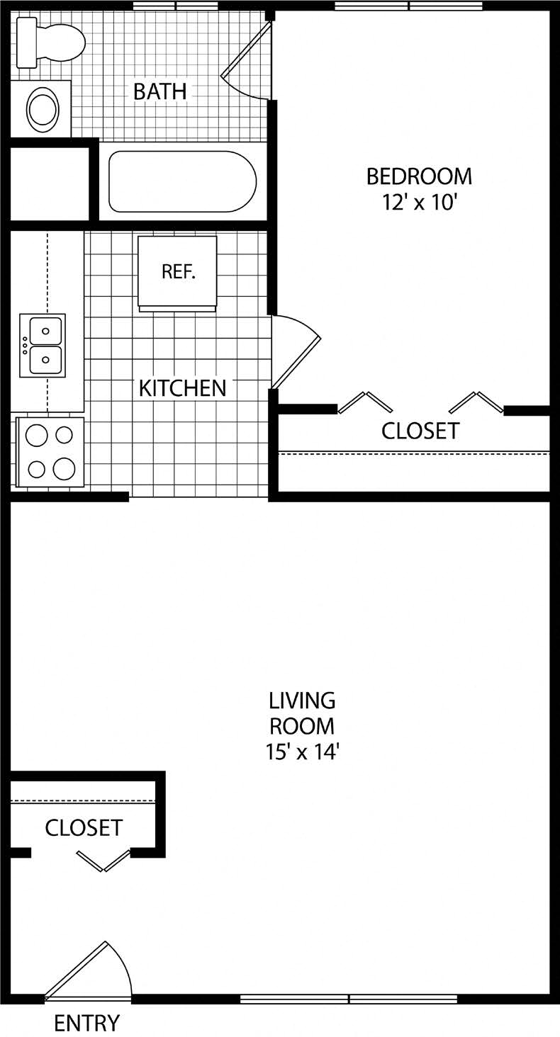Floor plan for 1 bed, 1 bath, 560 sqft