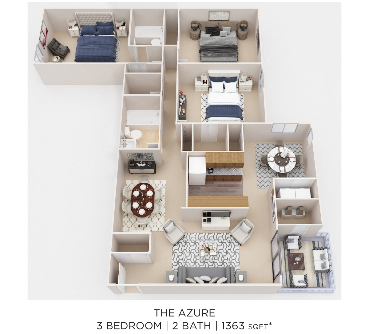 Floor plan for 3 beds, 2 baths, 1363 sqft