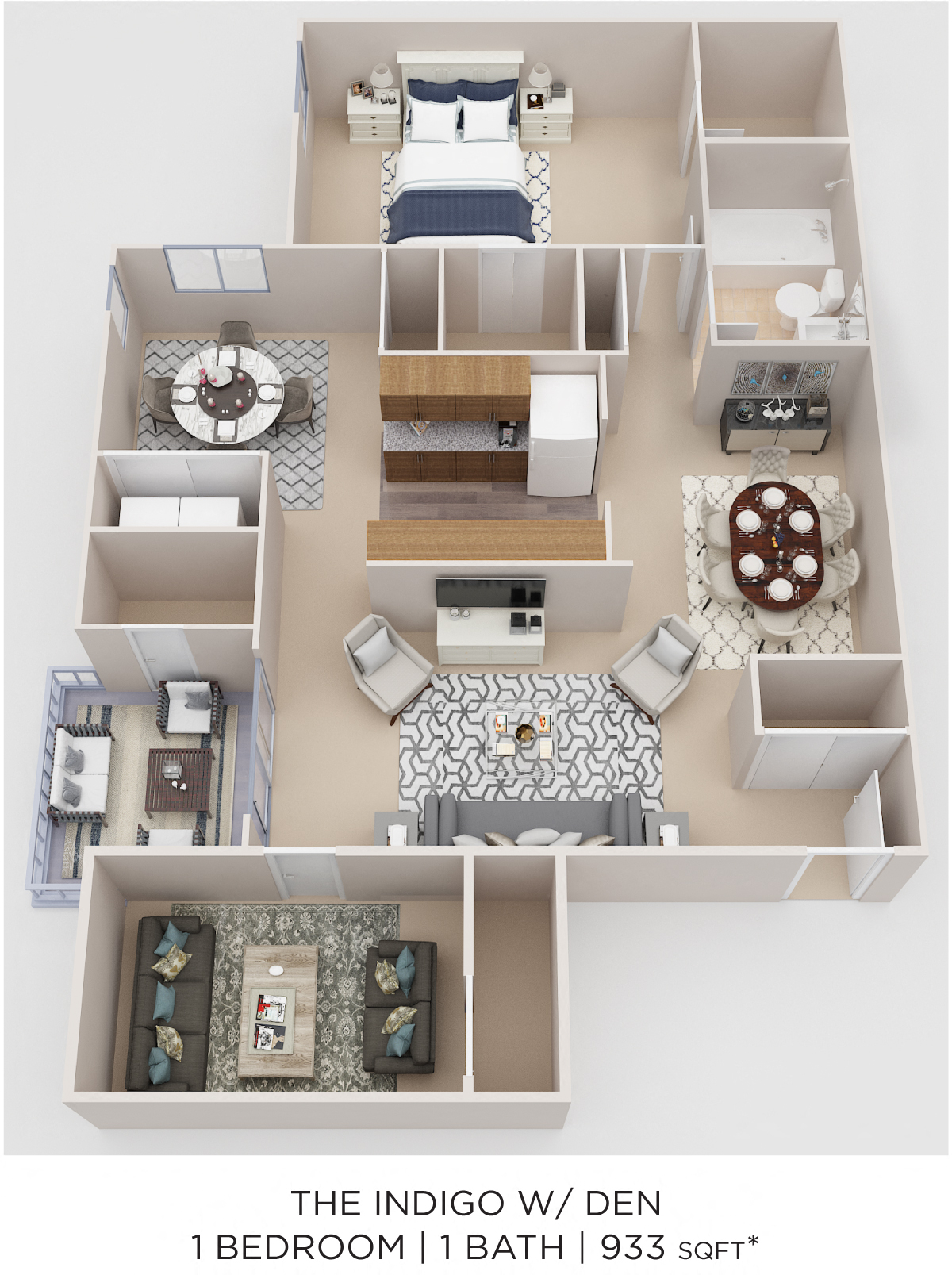 Floor plan for 1 bed, 1 bath, 993 sqft
