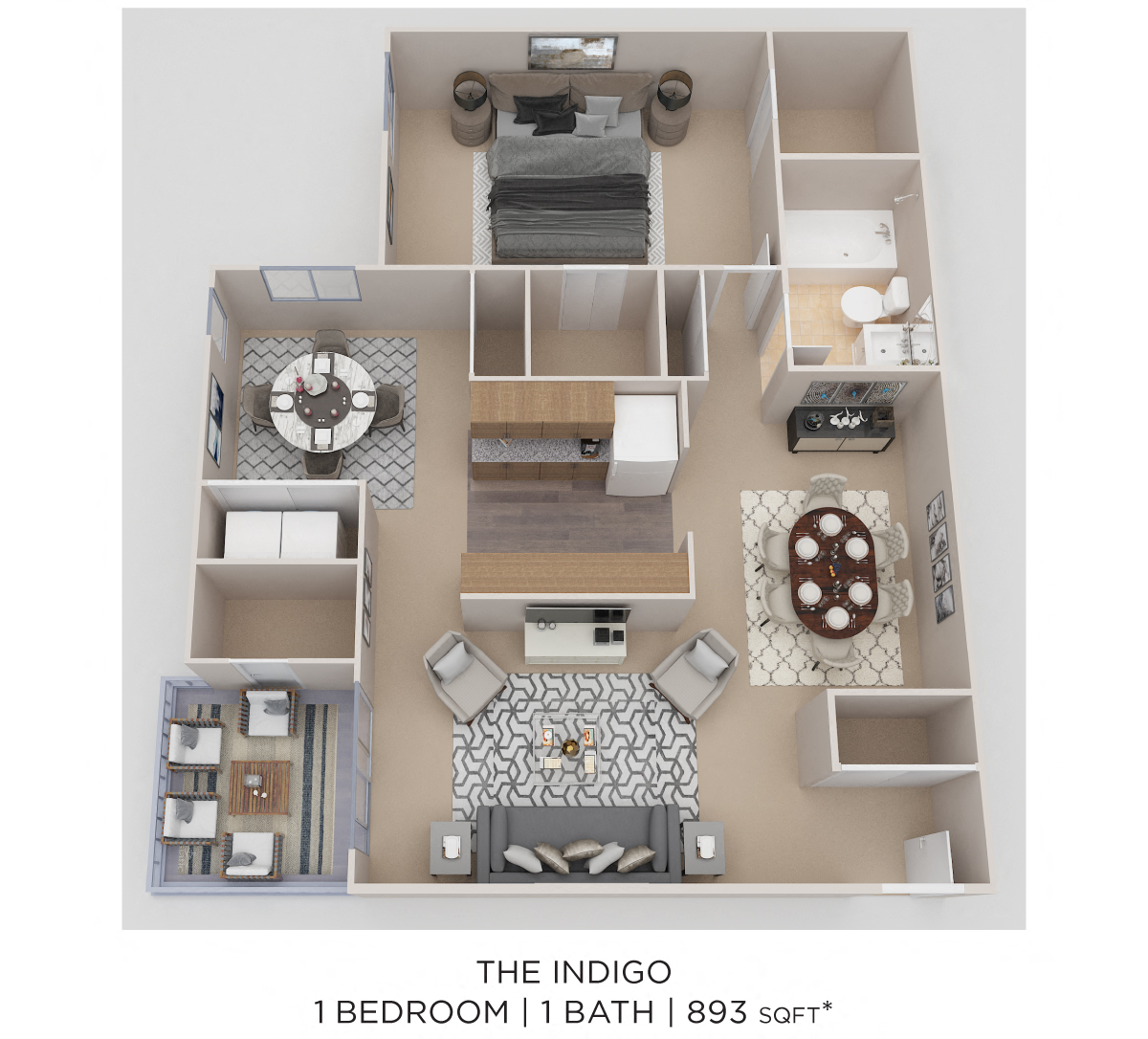 Floor plan for 1 bed, 1 bath, 893 sqft
