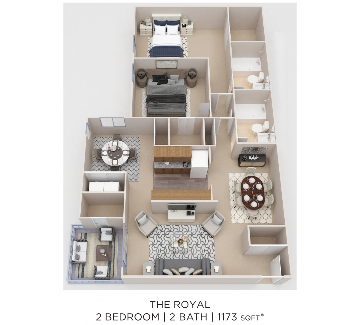 Floor plan for 2 beds, 2 baths, 1173 sqft