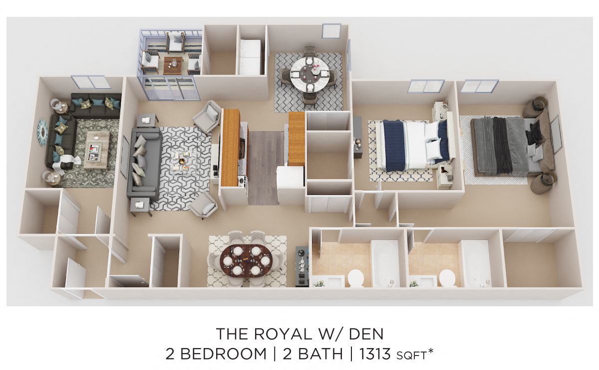 Floor plan for 2 beds, 2 baths, 1313 sqft