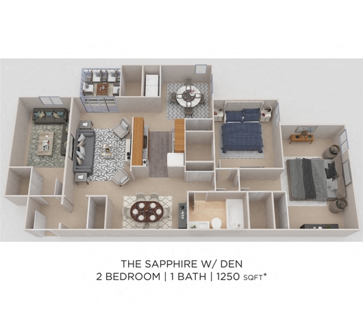 Floor plan for 2 beds, 1 bath, 1250 sqft