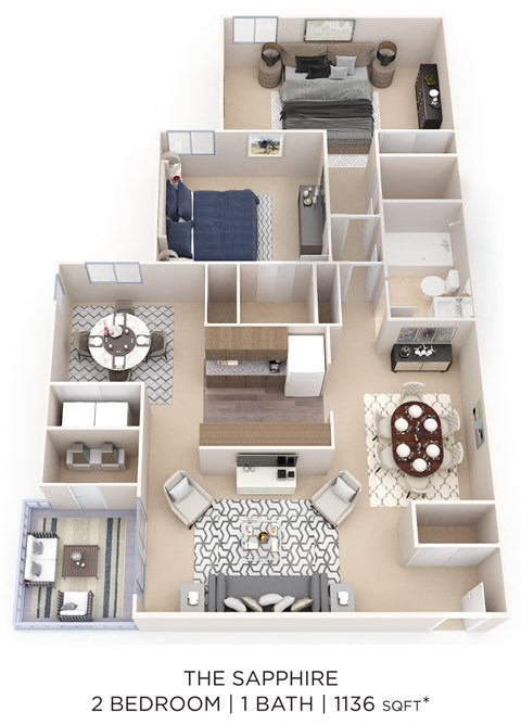 Floor plan for 2 beds, 1 bath, 1136 sqft