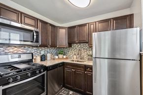 Dundalk apartment for rent - a kitchen with stainless steel appliances and wooden cabinets