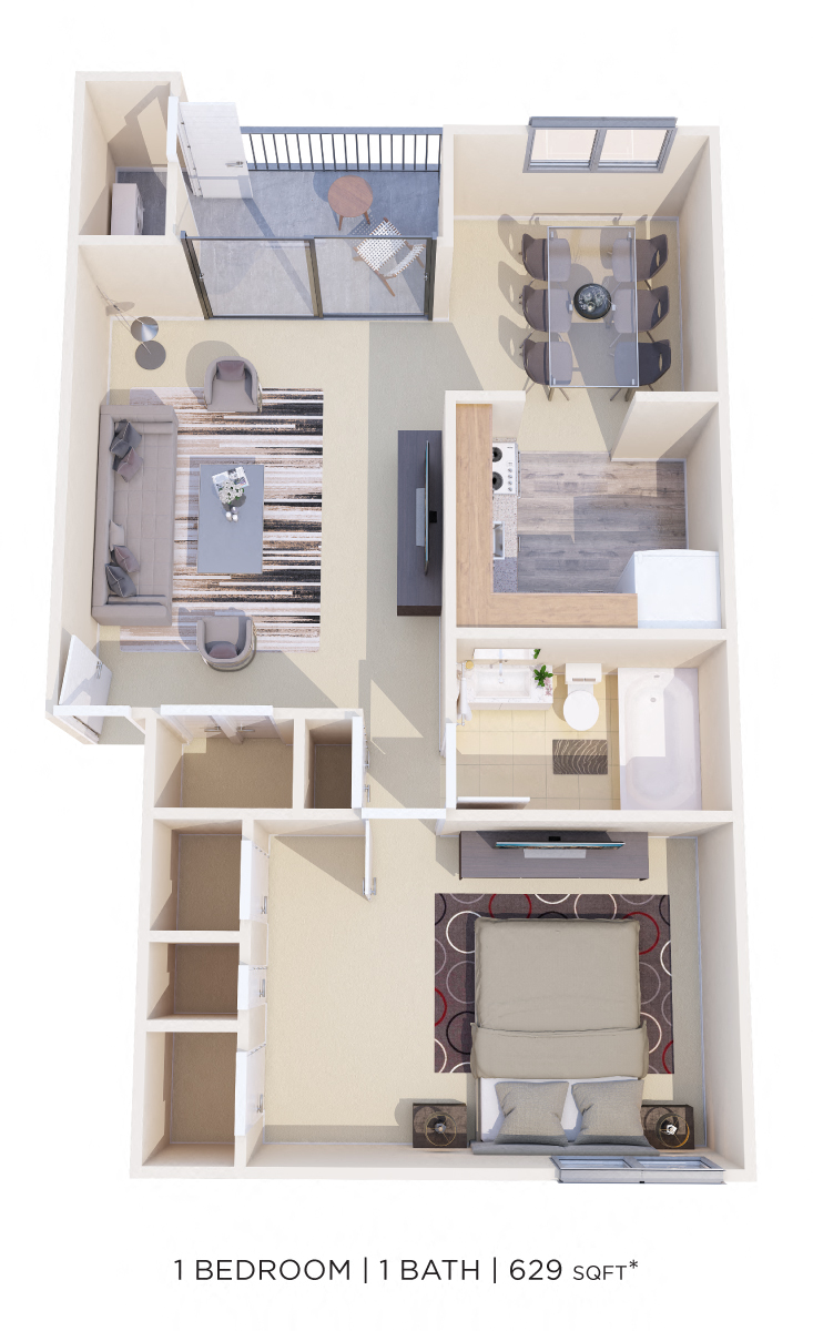 Floor plan for 1 bed, 1 bath, 629 sqft