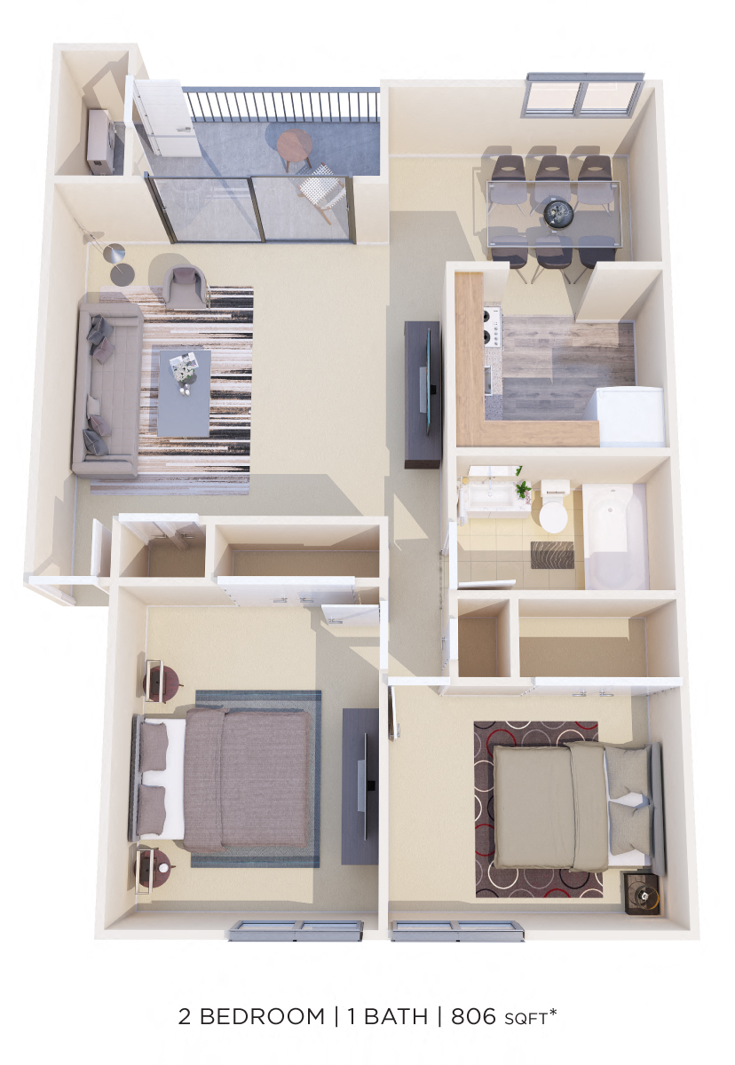Floor plan for 2 beds, 1 bath, 806 sqft