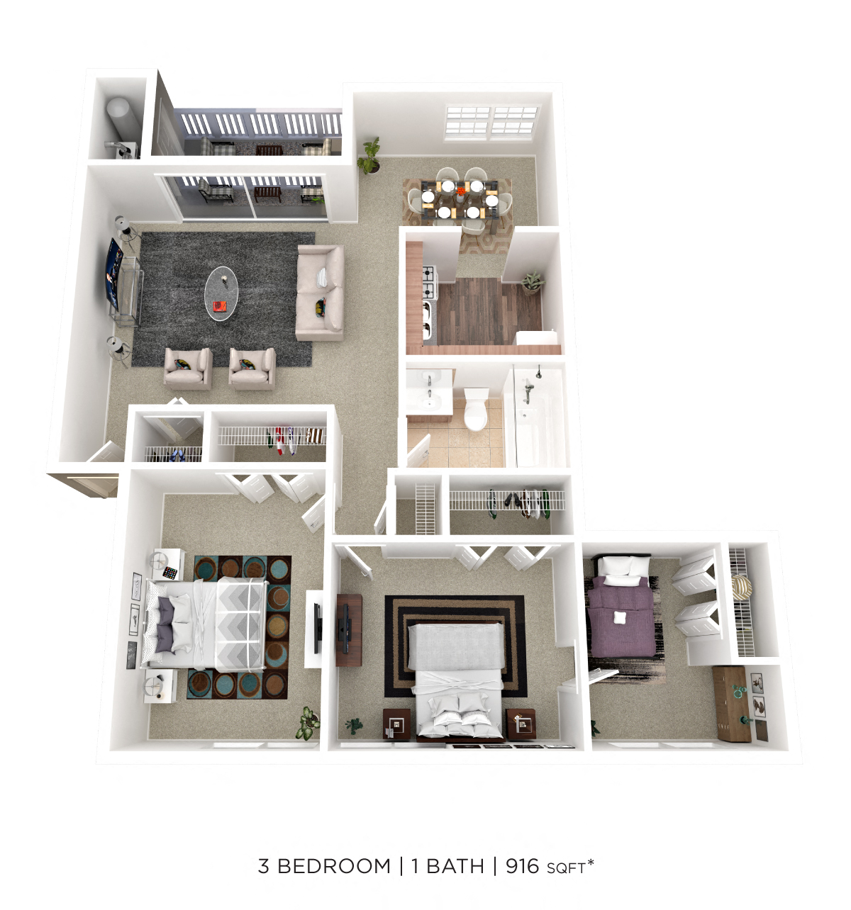 Floor plan for 3 beds, 1 bath, 961 sqft