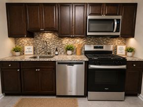Gwynn Oak apartment for rent - A kitchen with dark brown cabinets and a granite countertop.