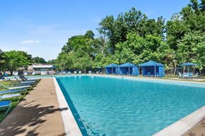 Gwynn Oak apartment for rent - a large pool with chairs and blue umbrellas near some trees