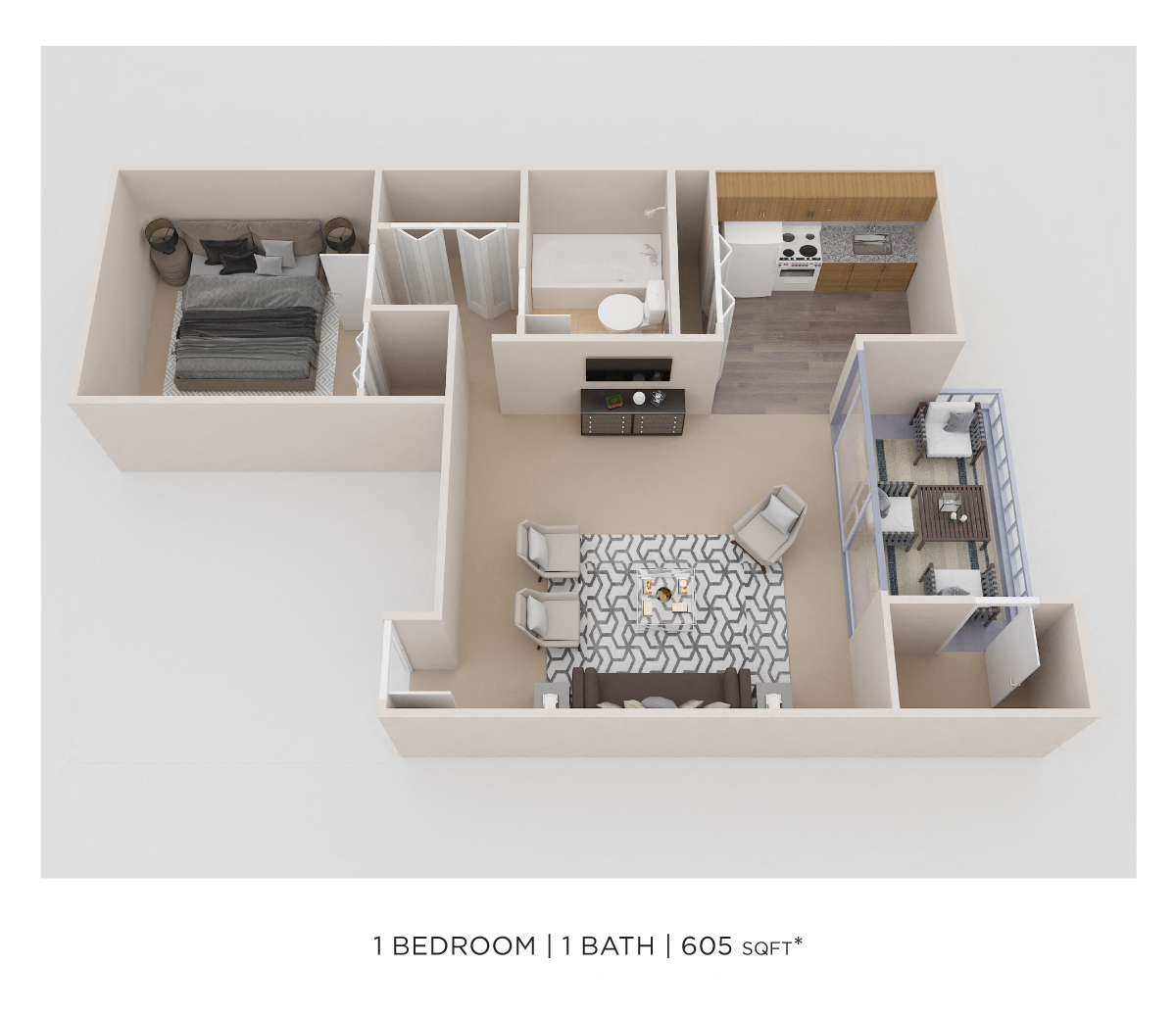 Floor plan for 1 bed, 1 bath, 605 sqft