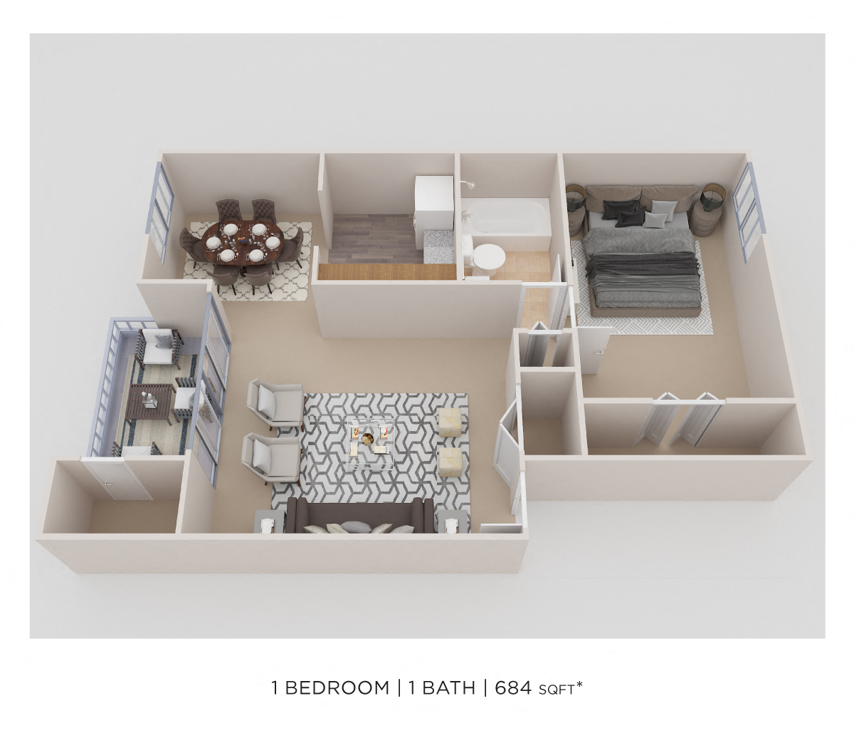 Floor plan for 1 bed, 1 bath, 684 sqft