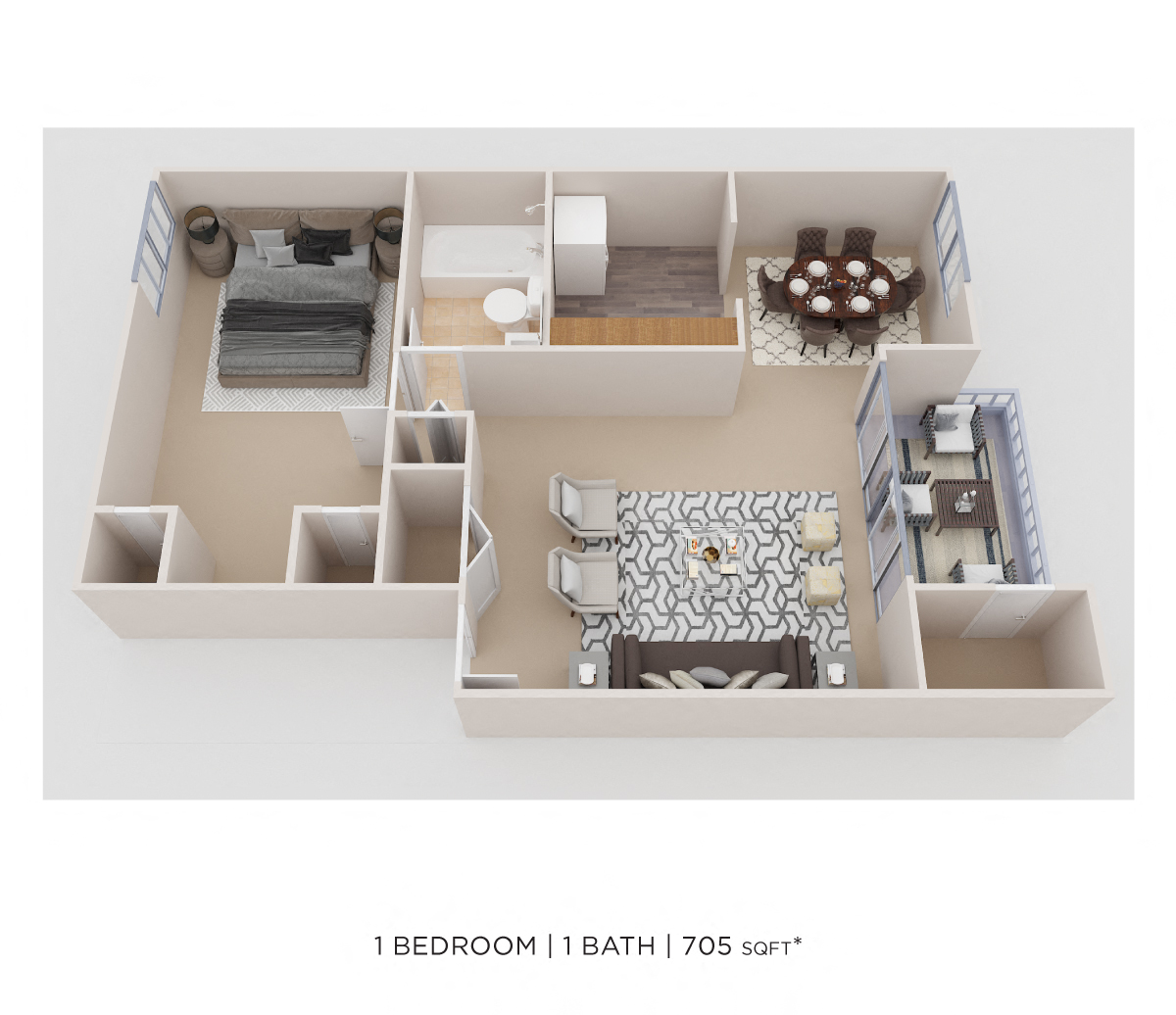 Floor plan for 1 bed, 1 bath, 705 sqft