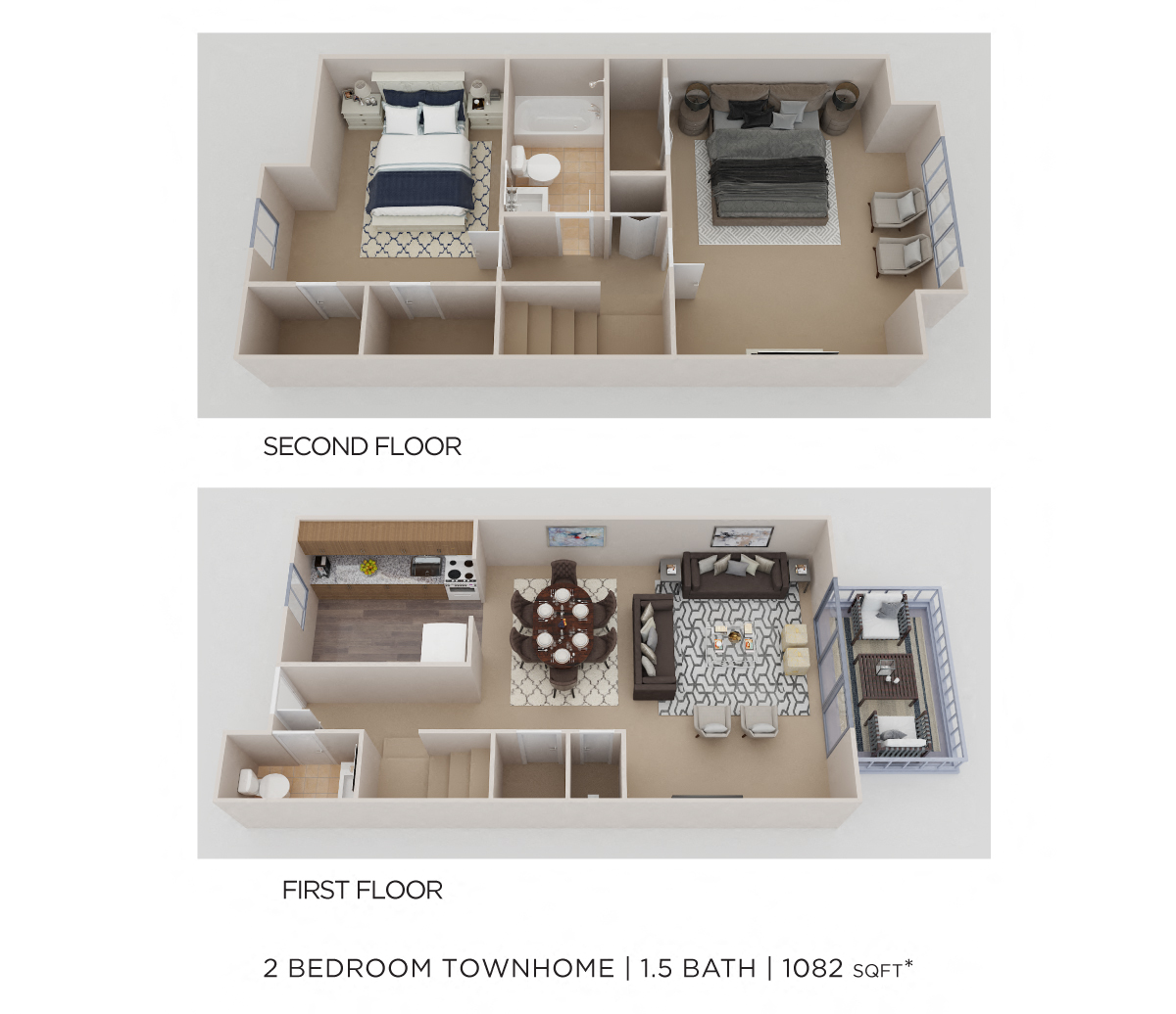 Floor plan for 2 beds, 1.5 baths, 1082 sqft