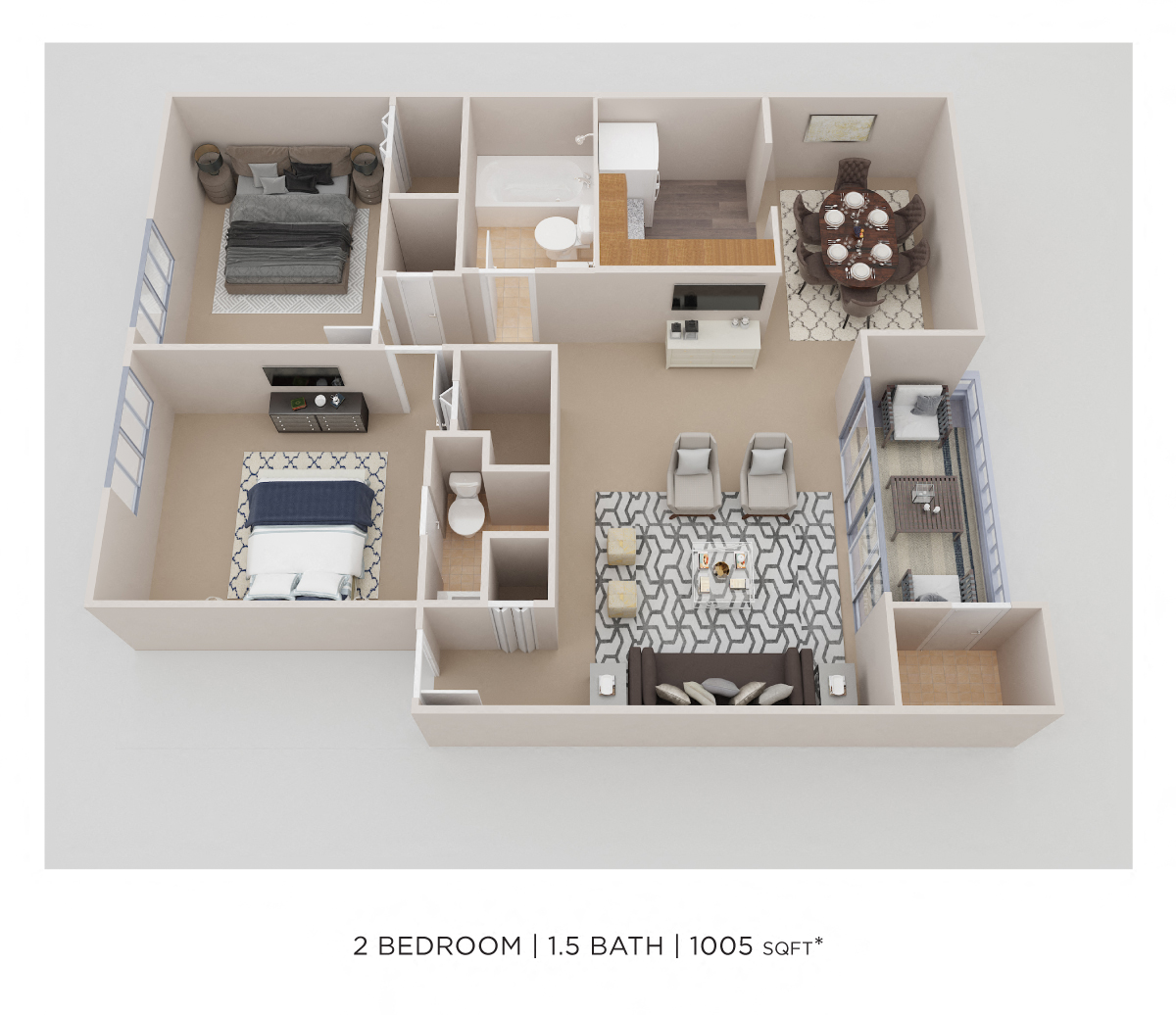 Floor plan for 2 beds, 2 baths, 1005 sqft