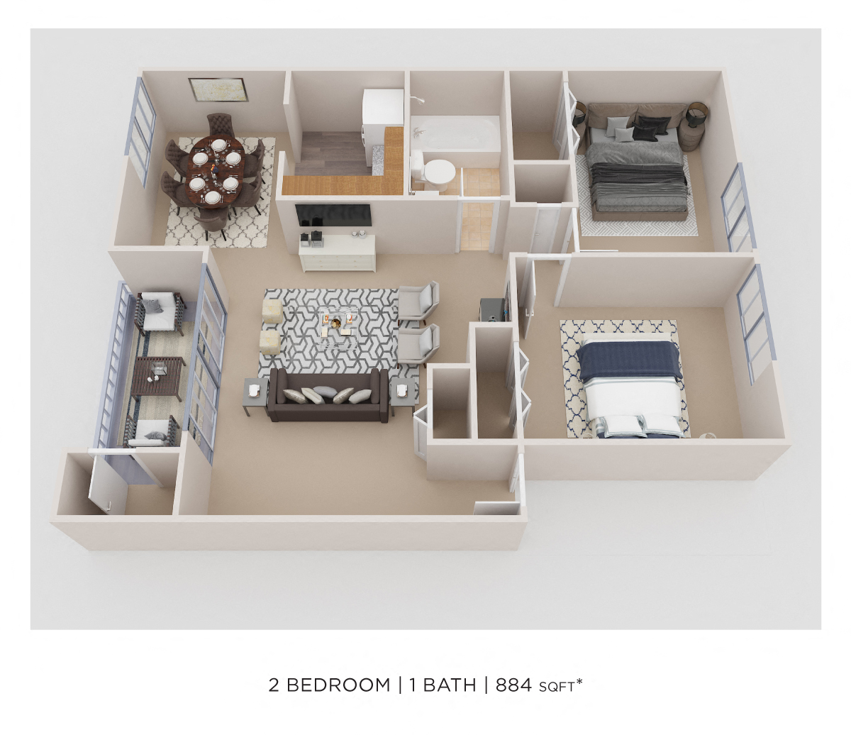 Floor plan for 2 beds, 1 bath, 884 sqft