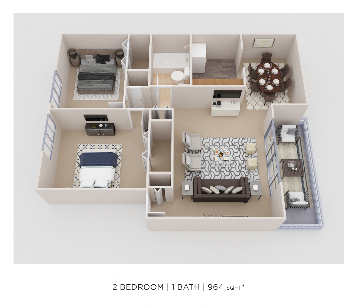 Floor plan for 2 beds, 1 bath, 964 sqft