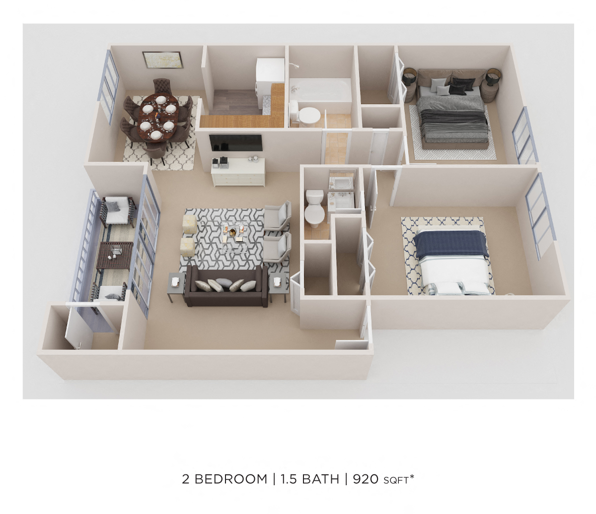 Floor plan for 2 beds, 2 baths, 920 sqft
