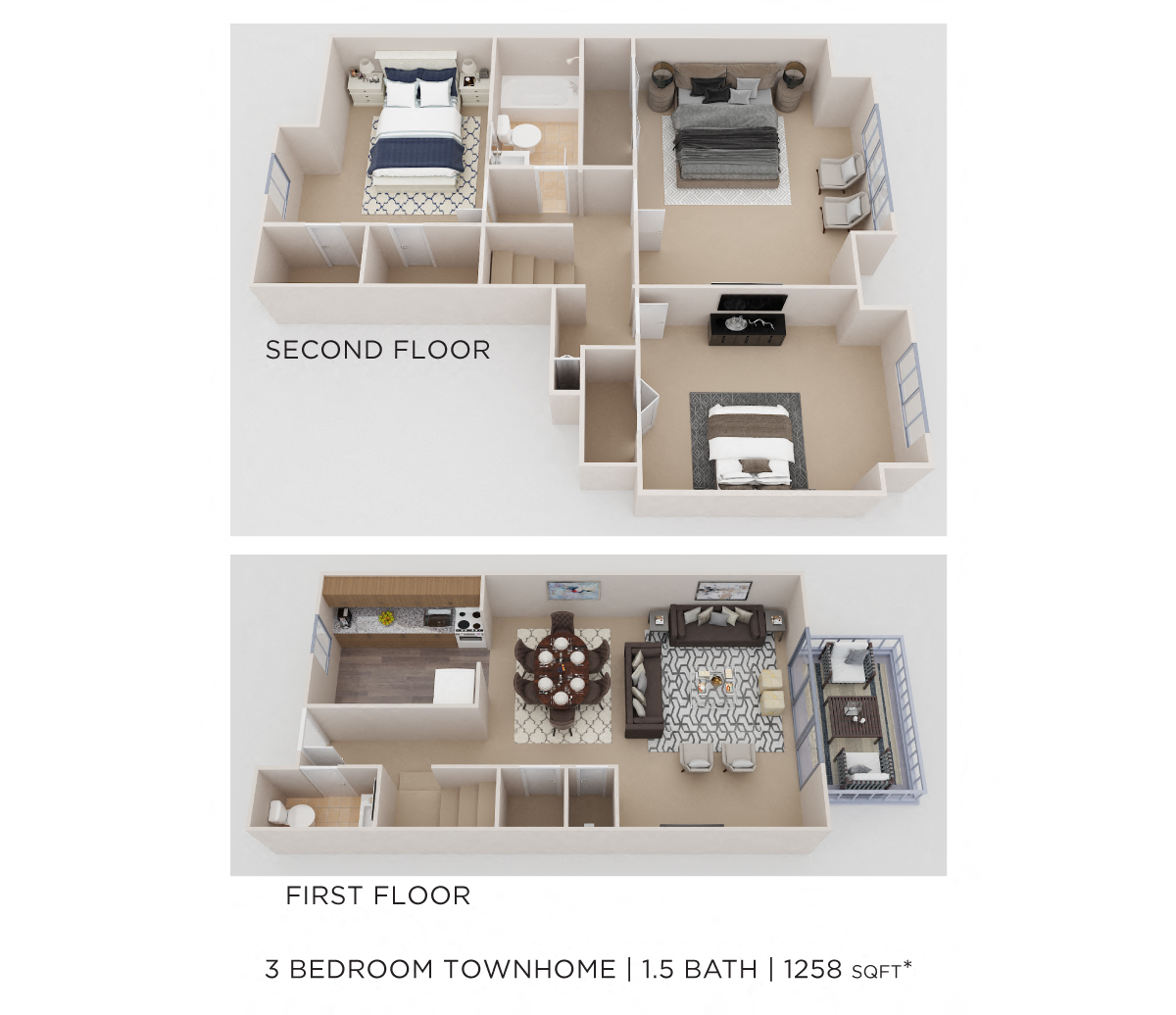 Floor plan for 3 beds, 1.5 baths, 1205 sqft