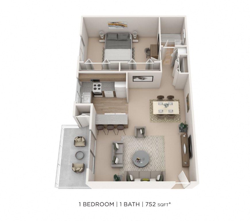 Floor plan for 1 bed, 1 bath, 752 sqft