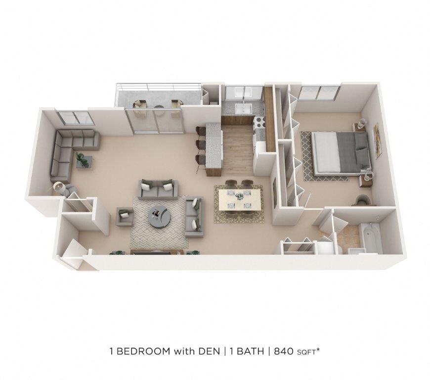 Floor plan for 1 bed, 1 bath, 840 sqft