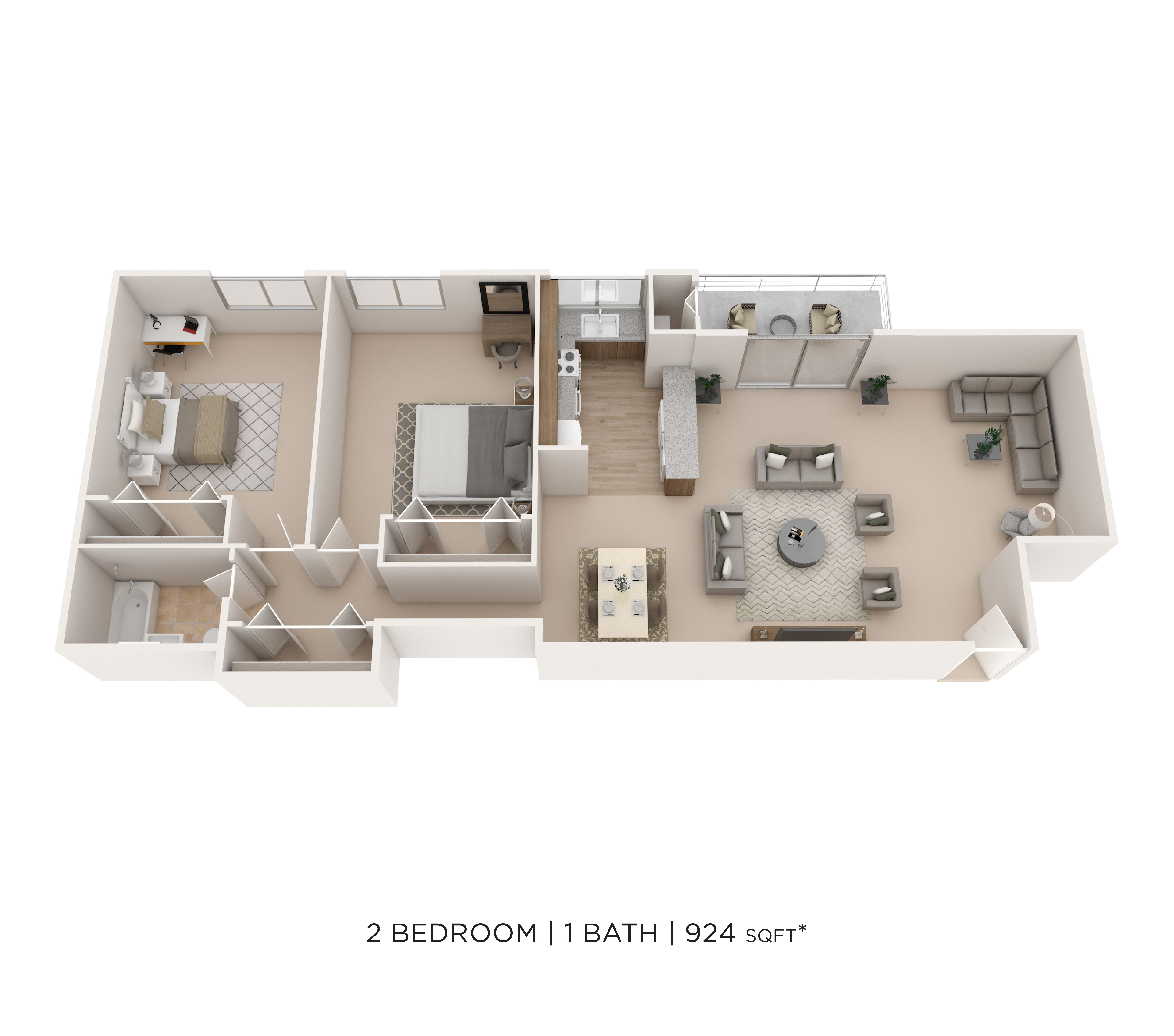 Floor plan for 2 beds, 1 bath, 924 sqft